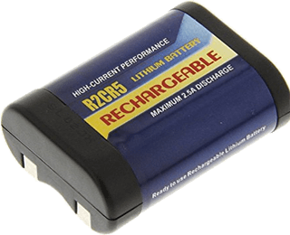Litiumbatteriet R2CR5 är på 6.0 Volt och har dimensionen 34 x 17 x 45 mm 