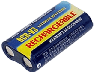 Litiumbatteriet RCR-V3 är på 3.0 Volt och har dimensionen 28 x 14.5 x 52 mm 